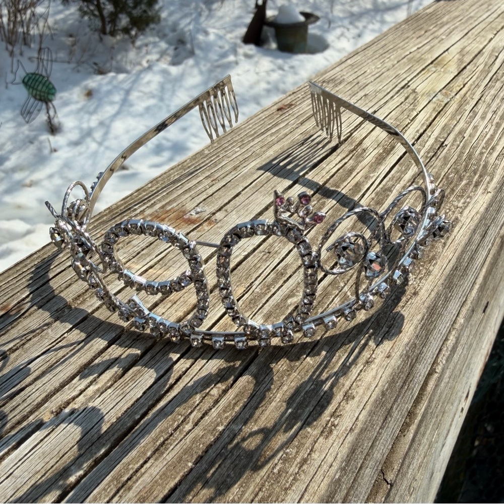 Crystal And Silver Tone Tiara For 90 Year Birthday 2” Ht. x 16” Length